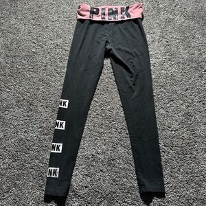 Y2K Pink Pants Womens Small Black Foldover Yoga Leggings Sequin Logo Stretch